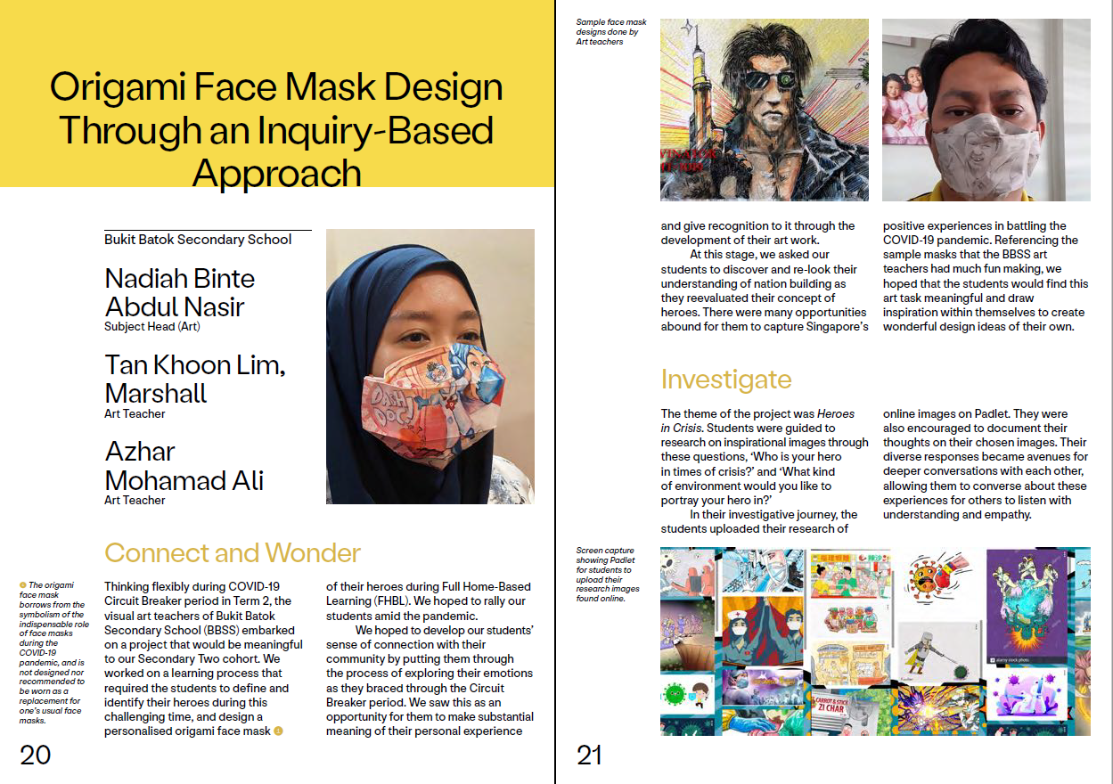 Article spread about origami face mask design project at Bukit Batok Secondary School, featuring photos and text.
